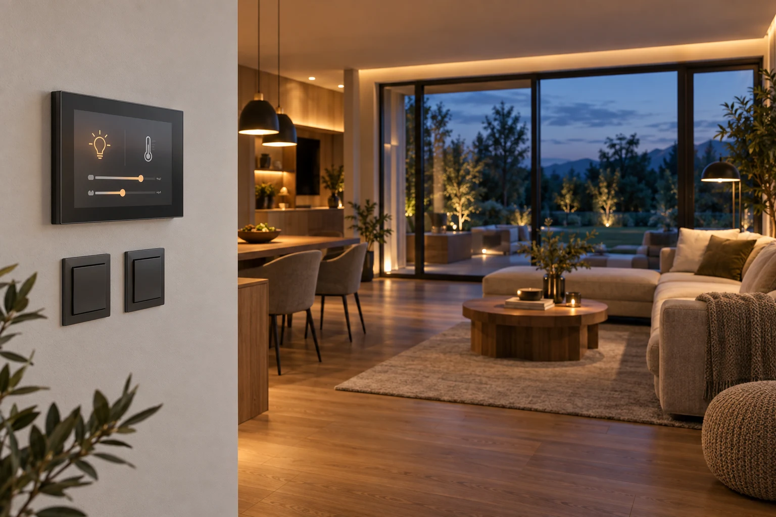 Smart-Home-Steuerung und stimmungsvolle Wohnraumbeleuchtung – KI-Symbolbild